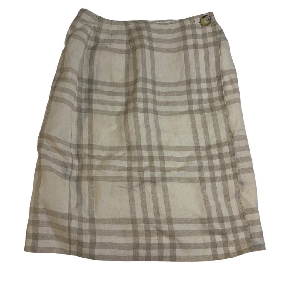 Liz Claiborne Plaid Linen Skirt Petite Collection Beige Striped‎ Career Size 6*